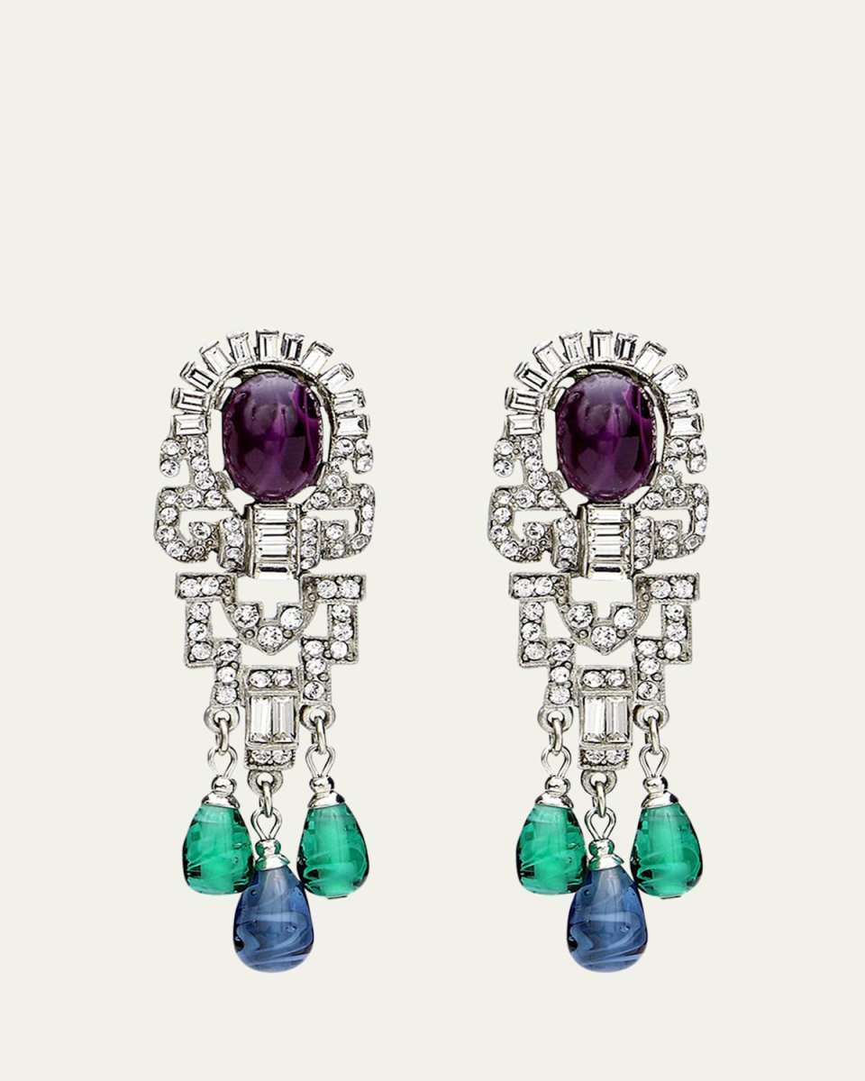 Silver Crystal Oval Topa and Emerald Sapphire Drop Clip-On Earrings
